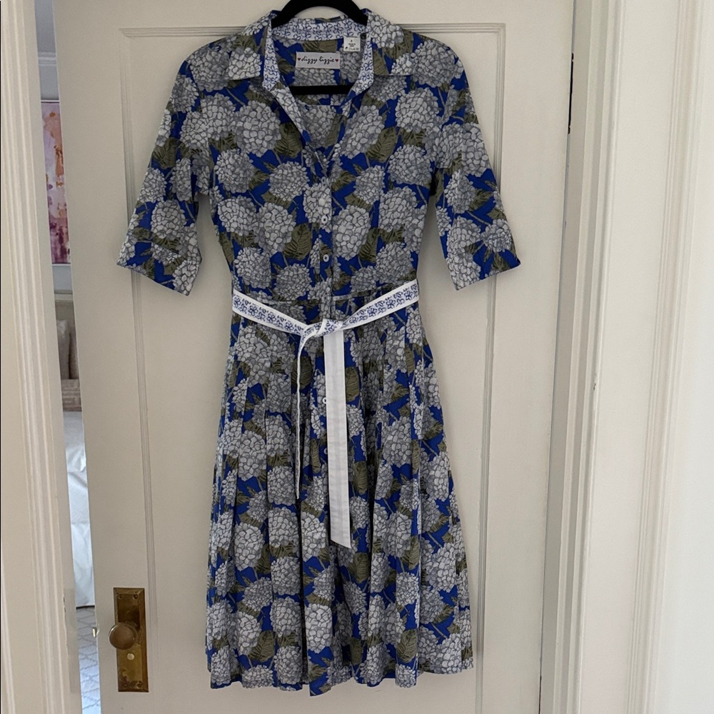 Dizzy Lizzie  Blue and Green hydrangea Midi Dress cotton size S